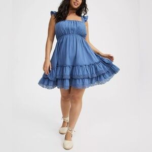 NWT Torrid Lace Trim Tiered Mini Dress Women’s 2X Blue Cottagecore Festival